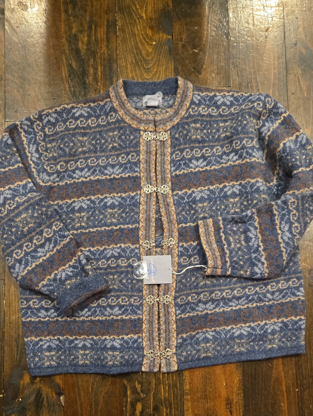 Vtg Carroll Reed Nordic Wool Cardigan Sweater NWT Size XL Blue Brown Metal Clasp